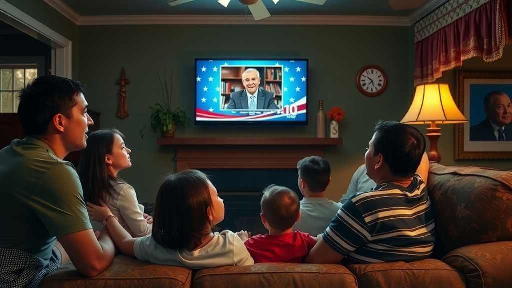 A Latino family watching election results with hope and anticipation.