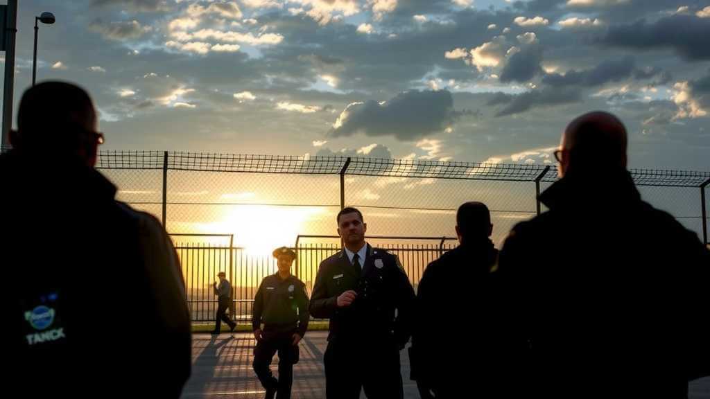 Border agents at a checkpoint with a secured fence.