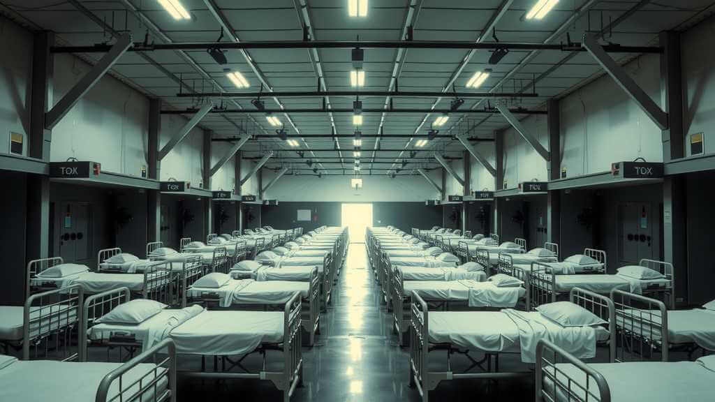 Empty detention center with rows of beds