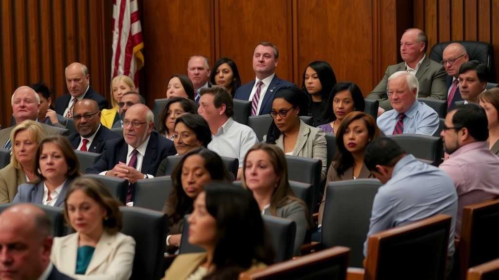 A serious courtroom scene representing justice and citizenship debates, filled with diverse individuals.