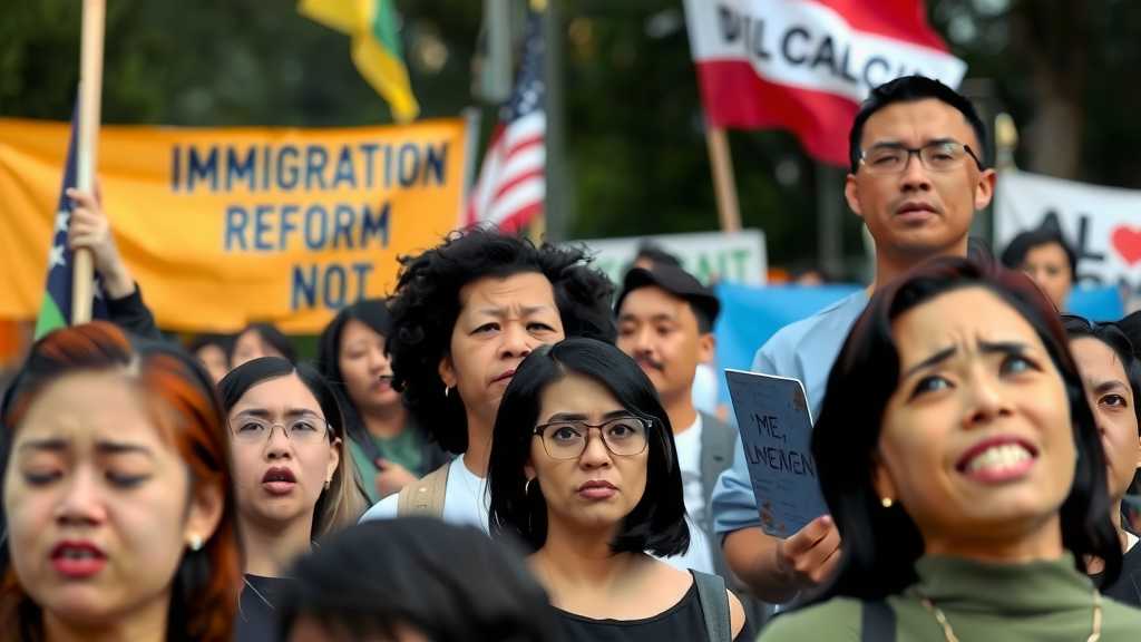 A diverse crowd at an immigration reform rally, showing strong emotions and advocacy for policy change.