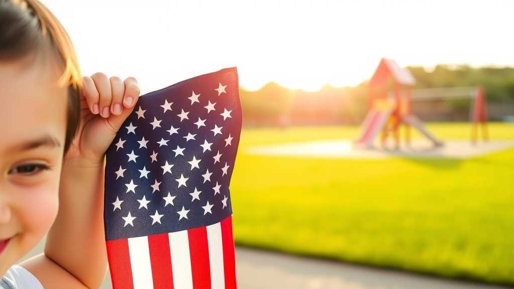 A child's hand proudly holding an American flag next to a playground, evoking feelings of hope.