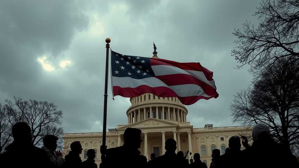 A flag representing justice in front of a government building.