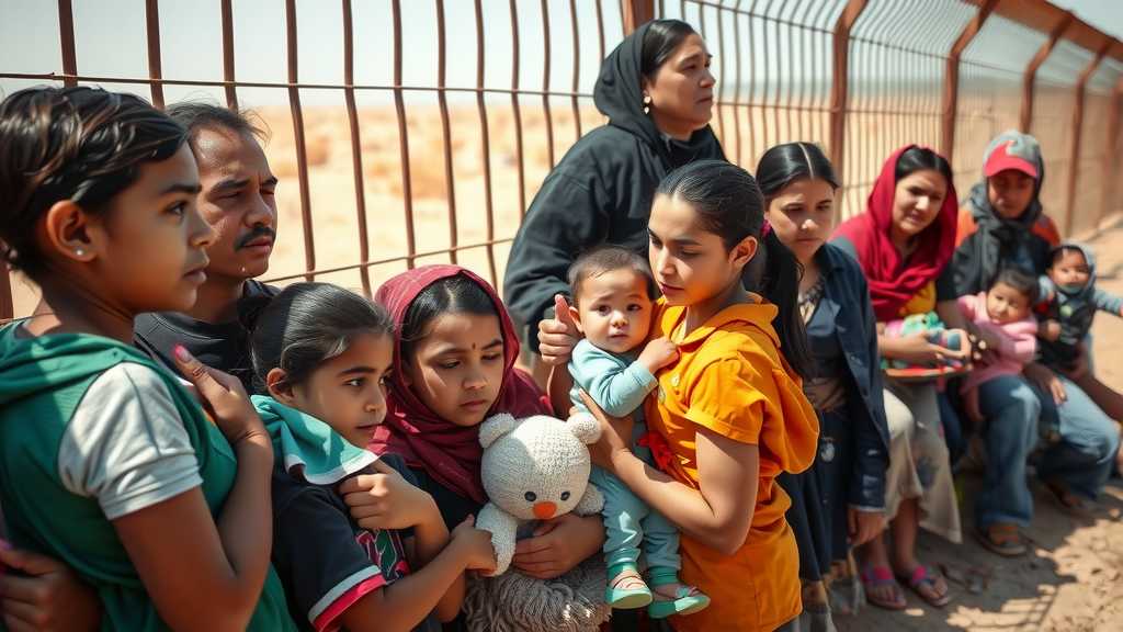 Families waiting beside a border fence, expressing hope and anxiety