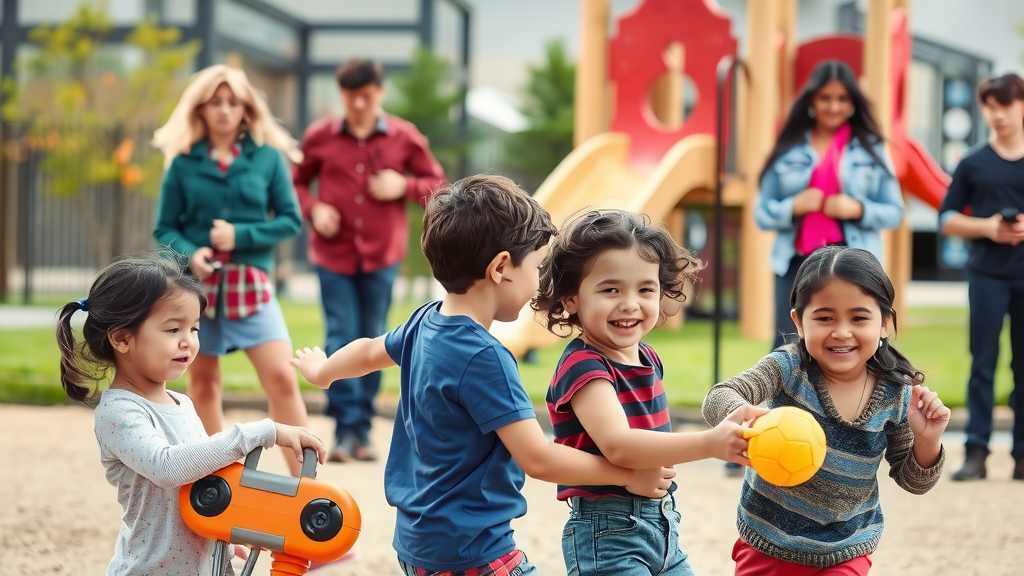 Children playing in a playground with concerned parents nearby.