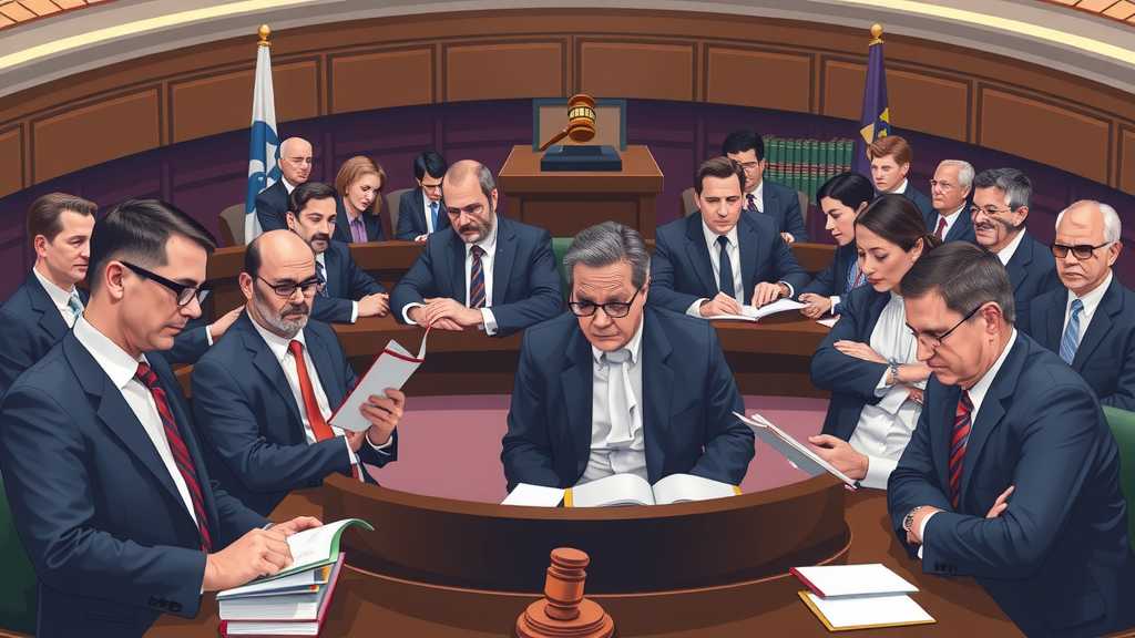 Lawyers in a courtroom focused on legal debates.
