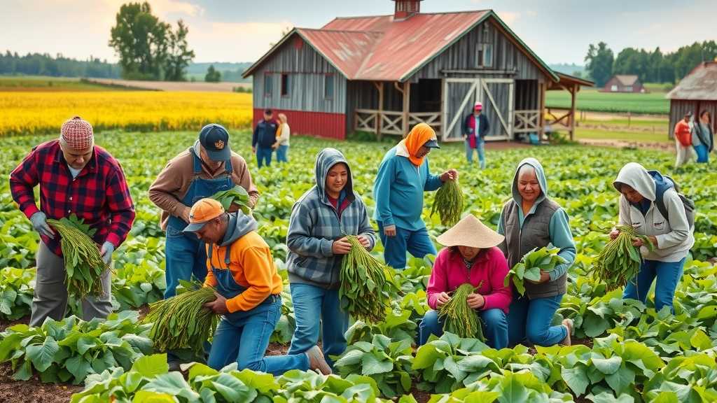 Vibrant agricultural field with workers harvesting crops, showcasing the essential contributions of immigrant labor to farming.