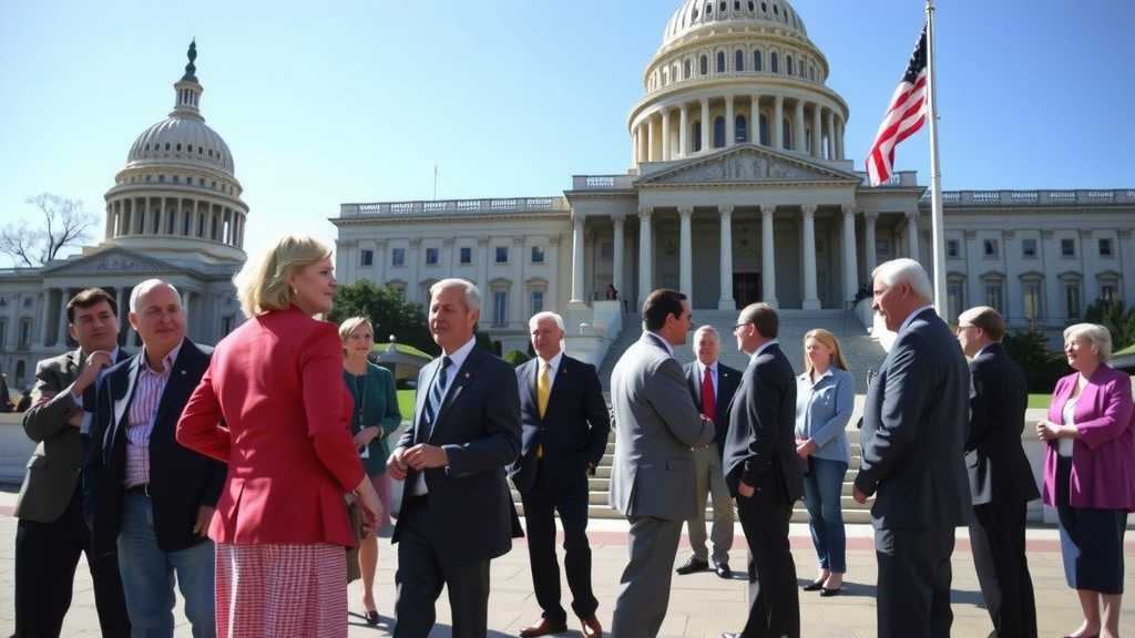 Senators discussing legislation outside.