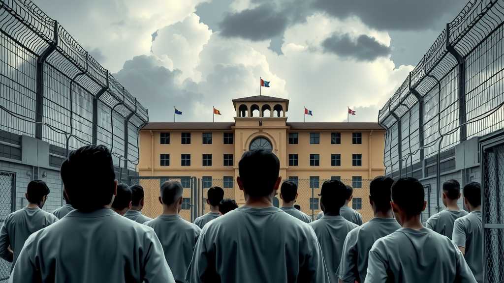 A stark prison building filled with immigrant detainees.