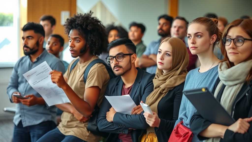 Immigrant applicants in a tense waiting room environment pondering their future.