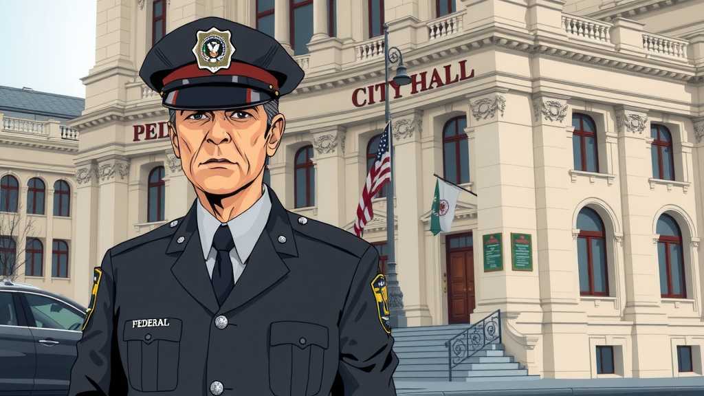 Federal officer outside a city hall during immigration conflict