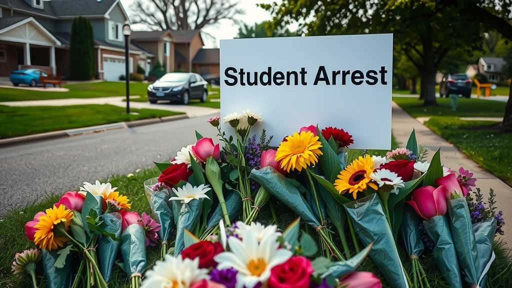 A memorial sign with flowers next to a tree, symbolizing community support for a detained student.