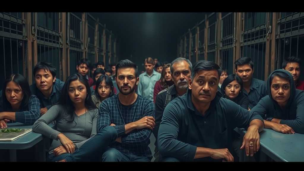 Immigration detention center with weary individuals and stark surroundings