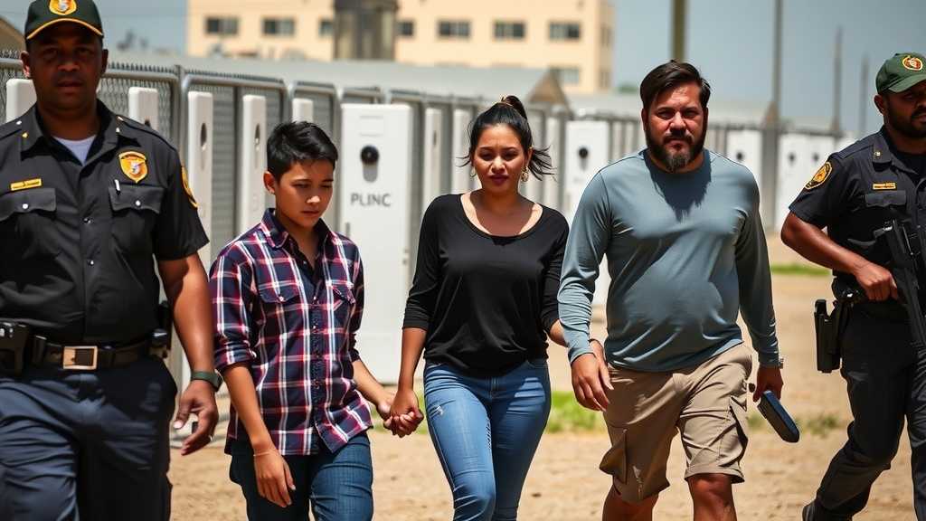 Family being escorted in a detention facility.