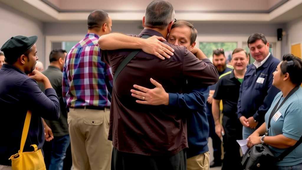 Immigrants supporting each other during a meeting under adversity.