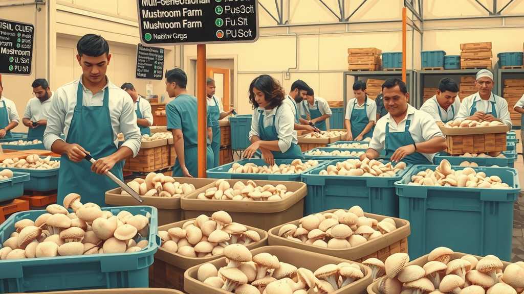 Workers efficiently packing mushrooms in a lively processing area.