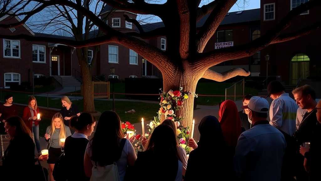 Community vigil for detained student with candles and flowers.